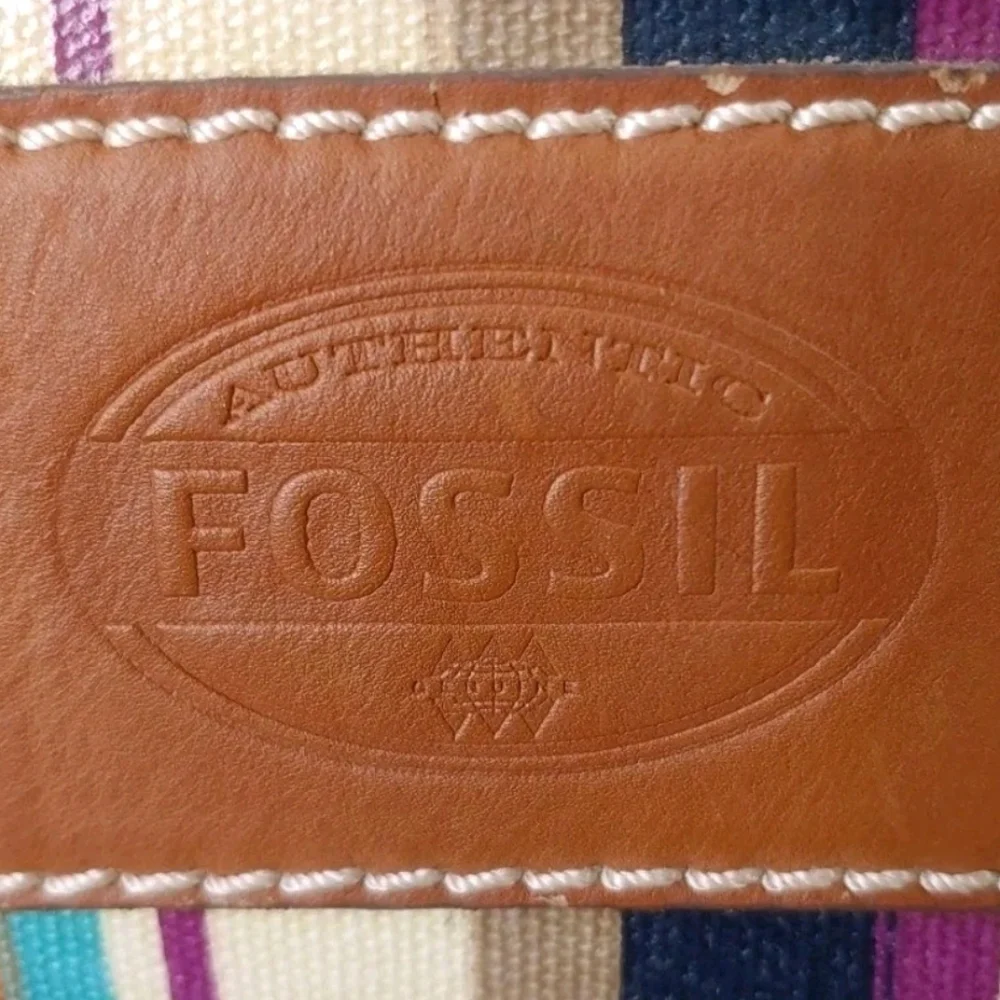 Fossil Key Per Canvas Tote Purse & Wallet Floral Striped Leather Top Handle Bag